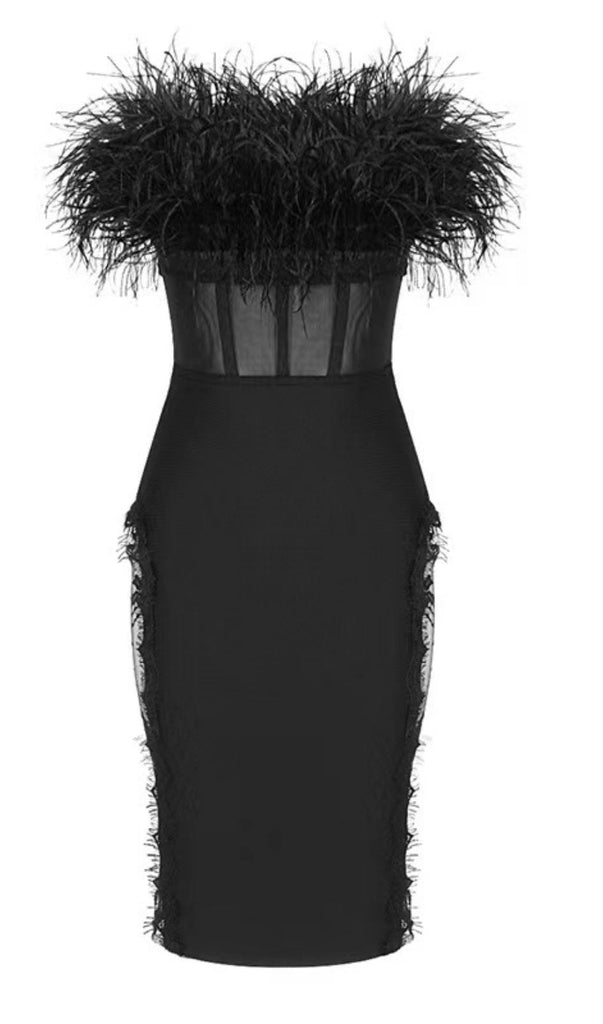 LACE FEATHER DRESS IN BLACK-Dresses-Oh CICI SHOP