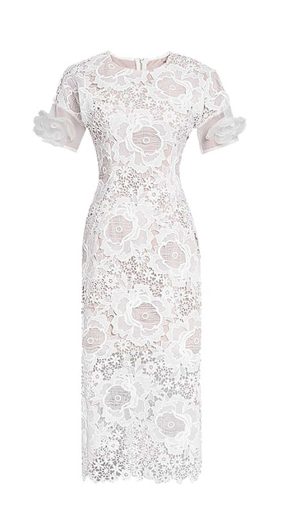 LACE HOLLOW EMBROIDERY A LINE MIDI DRESS IN WHITE DRESS OH CICI