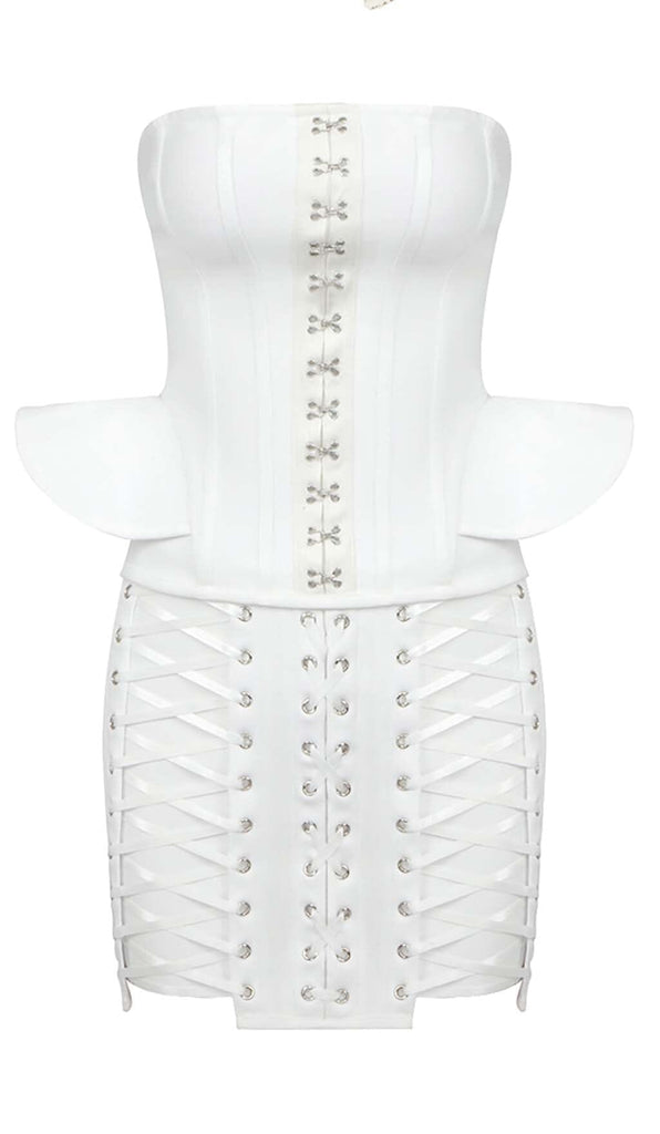 LACE-UP OFF SHOULDER MINI DRESS IN WHITE DRESS OH CICI 