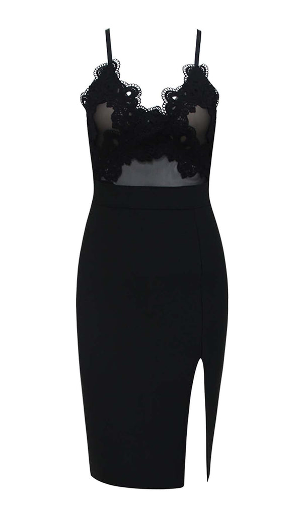 LACE V NECK SPLIT BODYCON MIDI DRESS IN BLACK DRESS OH CICI 