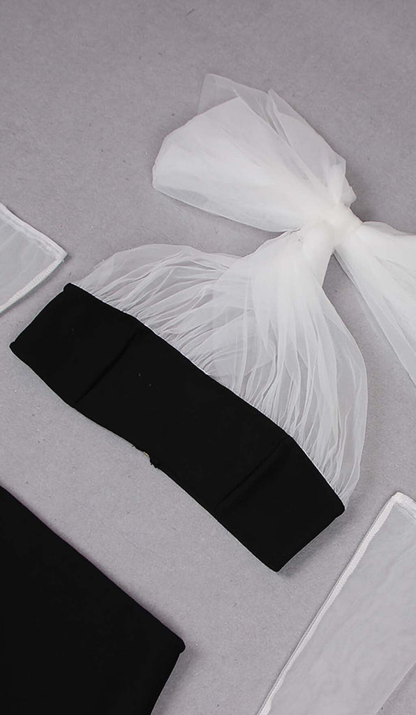 LEATHER BANDEAU CROSSOVER TULLE TWO PIECE IN BLACK DRESS ohcici 