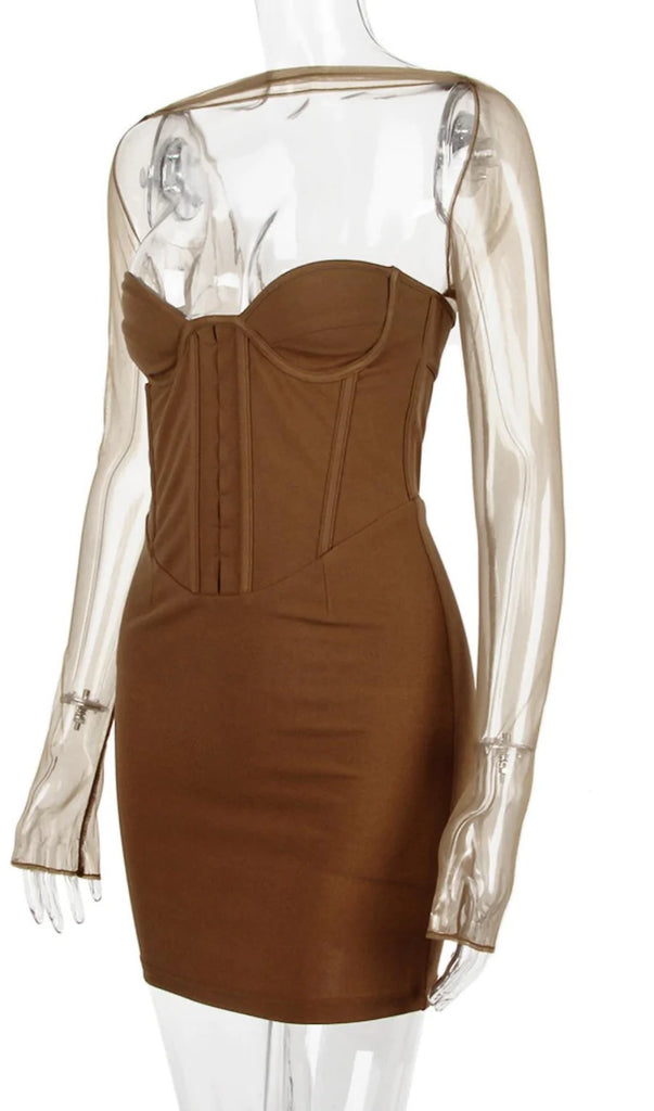 LONG SLEEVE MINI DRESS IN BROWN-Dresses-Oh CICI SHOP