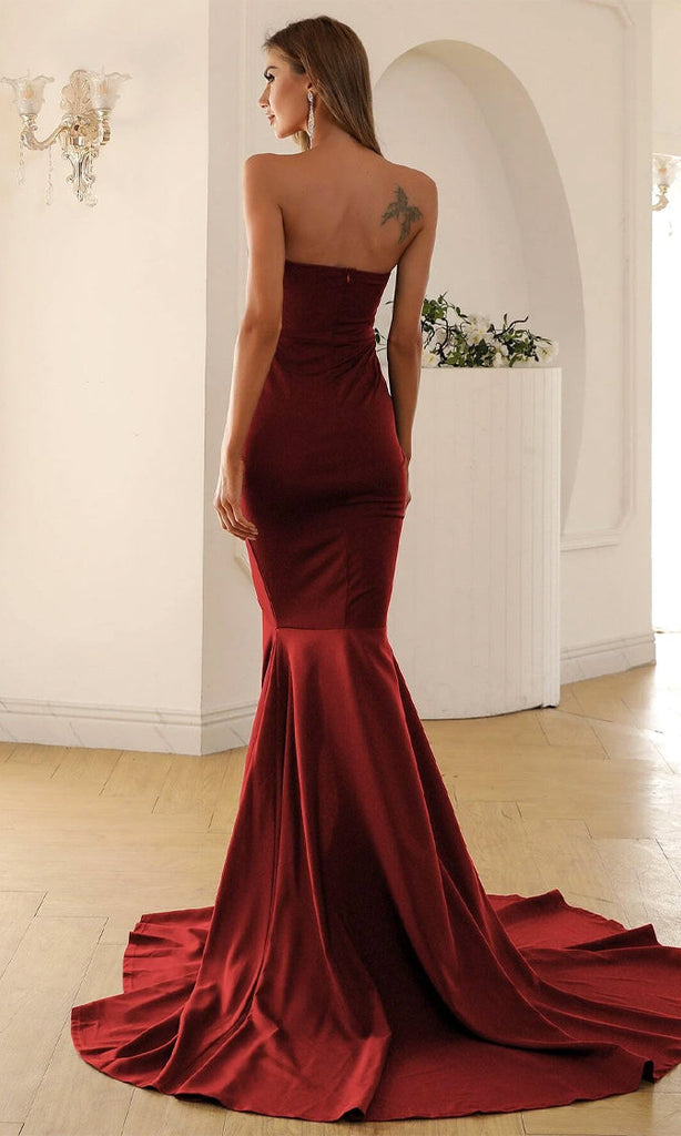 Burgundy Strapless Slit Mermaid Maxi Dress-New Arrivals-Oh CICI SHOP