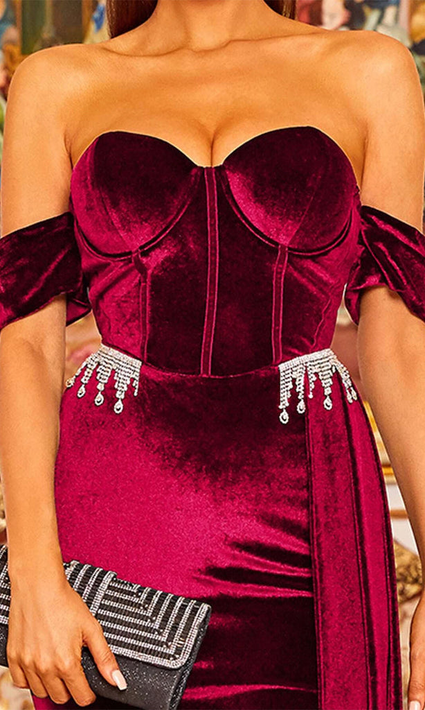 Brown Velvet Off Shoulder Rhinestone Slit Maxi Dress-New Arrivals-Oh CICI SHOP