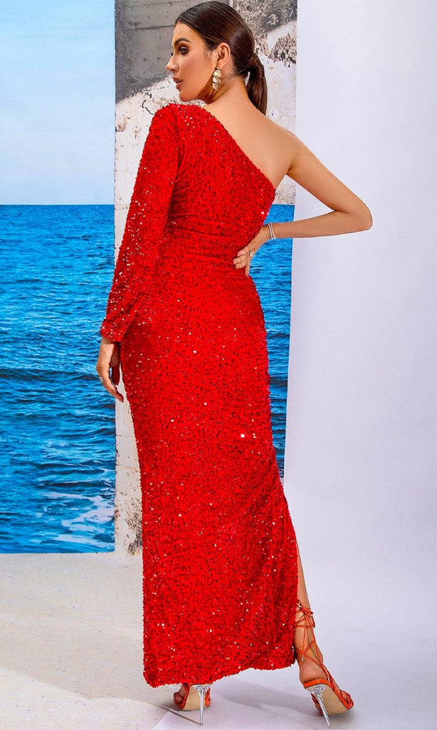 Red Sequin Long Sleeve One Shoulder Slit Maxi Dress-New Arrivals-Oh CICI SHOP