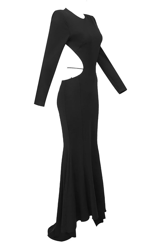 LONG SLEEVE CUT OUT BACKLESS MERMAID MAXI DRESS IN BLACK-Oh CICI SHOP