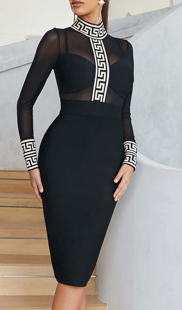 MESH LONG SLEEVE BANDAGE MIDI DRESS IN BLACK OH CICI 