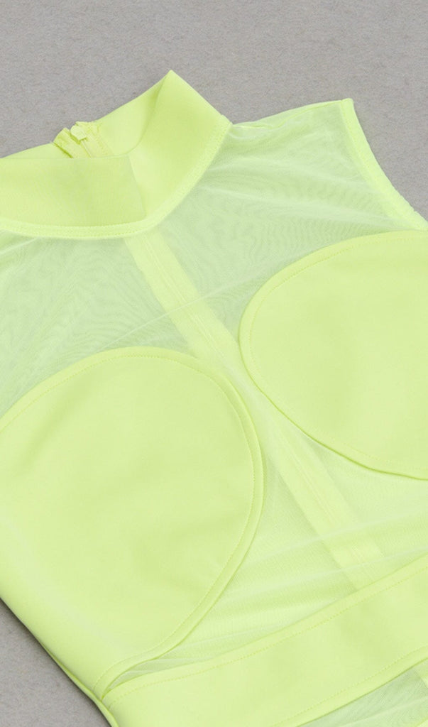 MESH RUCHED MIDI DRESS IN CHARTREUSE DRESS oh cici 