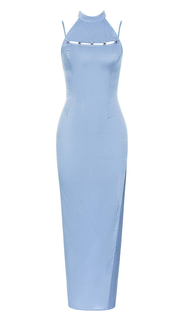 MOCK NECK SLIT MIDI DRESS IN BLUE DRESS OH CICI 