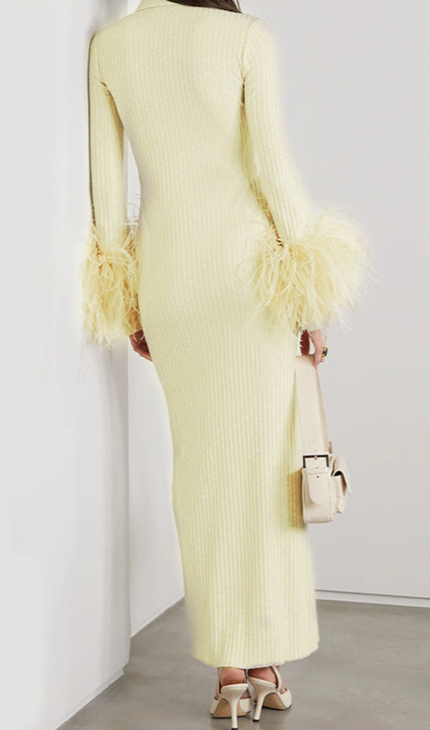 YELLOW LONG SLEEVE STAND COLLAR FEATHER MAXI DRESS-Dress-Oh CICI SHOP