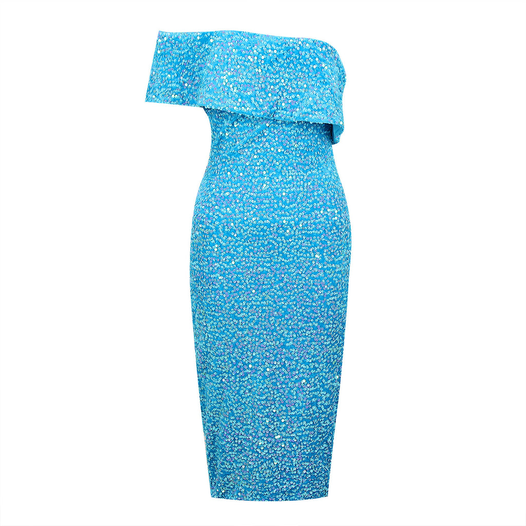 BLUE ONE SHOULDER BACKLESS SEQUIN MIDI DRESS-Dresses-Oh CICI SHOP