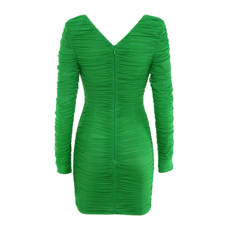 PLUNGE RUCHED MINI DRESS IN GREEN-Dresses-Oh CICI SHOP