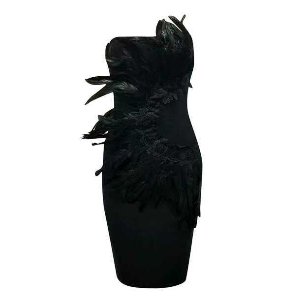 BLACK STRAPLESS FEATHER MIDI BANDAGE DRESS-Dress-Oh CICI SHOP