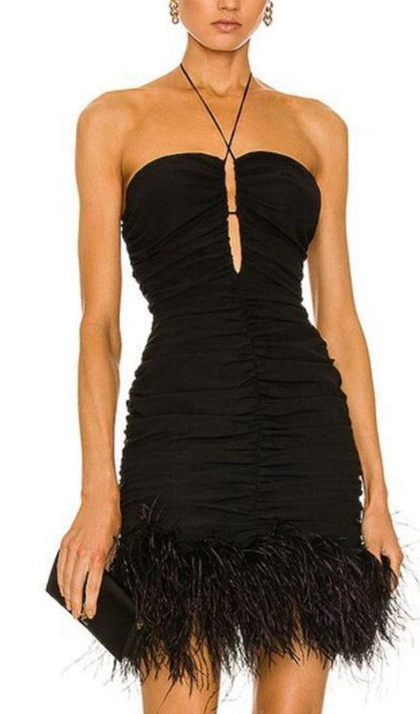 SEXY STRETCH OFF-SHOULDER FEATHER MINI DRESS IN BLACK-Oh CICI SHOP