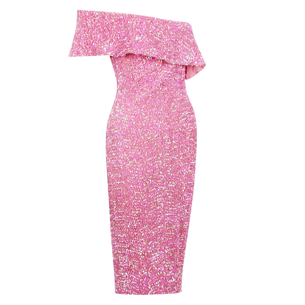 PINK ONE SHOULDER SEQUIN MIDI DRESS-Dresses-Oh CICI SHOP