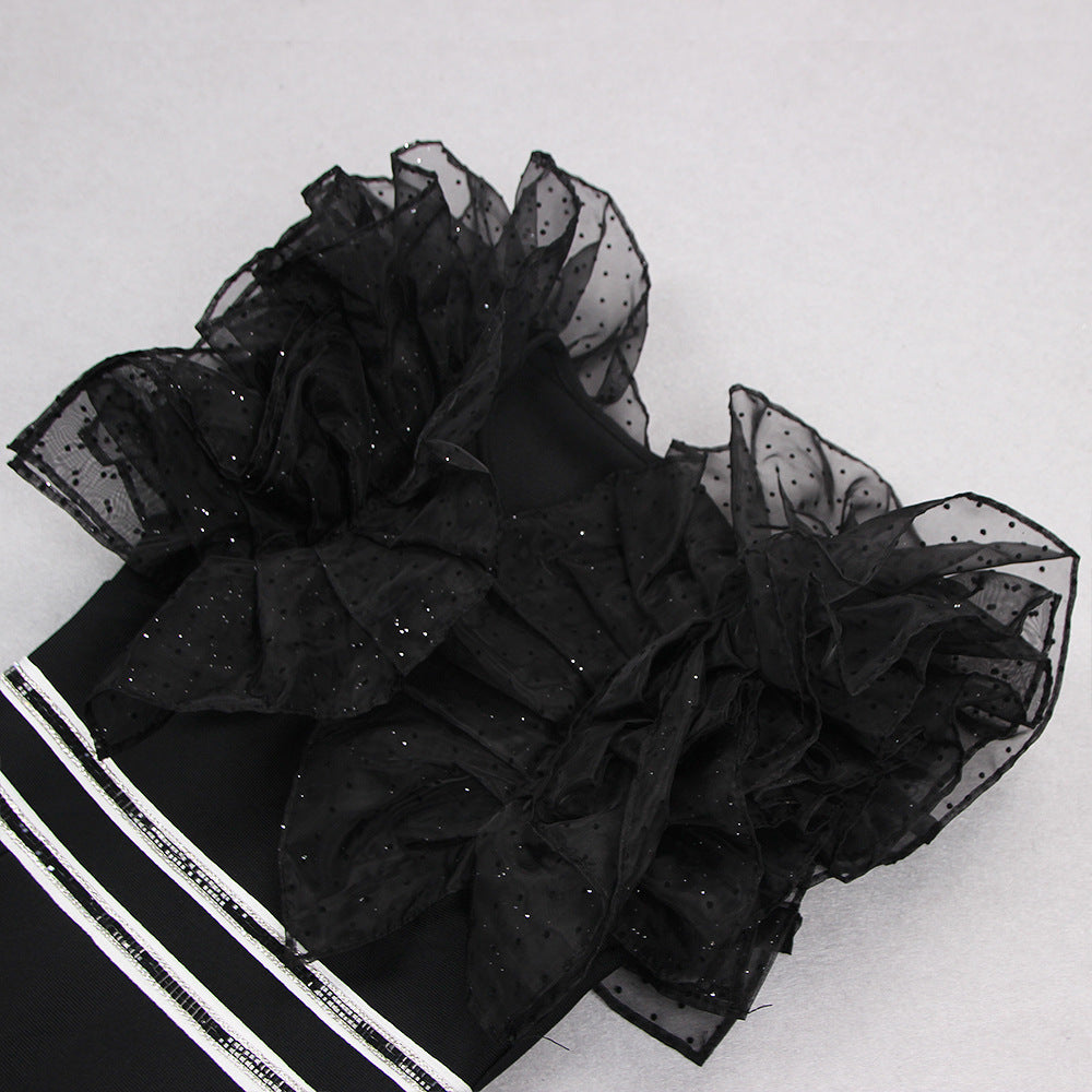 BLACK V NECK RUFFLE SLEEVELESS SPLIT BANDAGE DRESS-Dresses-Oh CICI SHOP