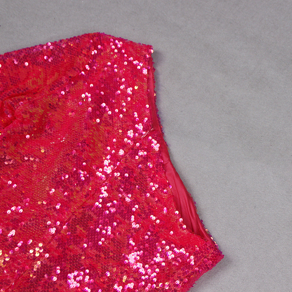 ROSE RED SEQUIN ONE SHOULDER MINI DRESS-Dresses-Oh CICI SHOP