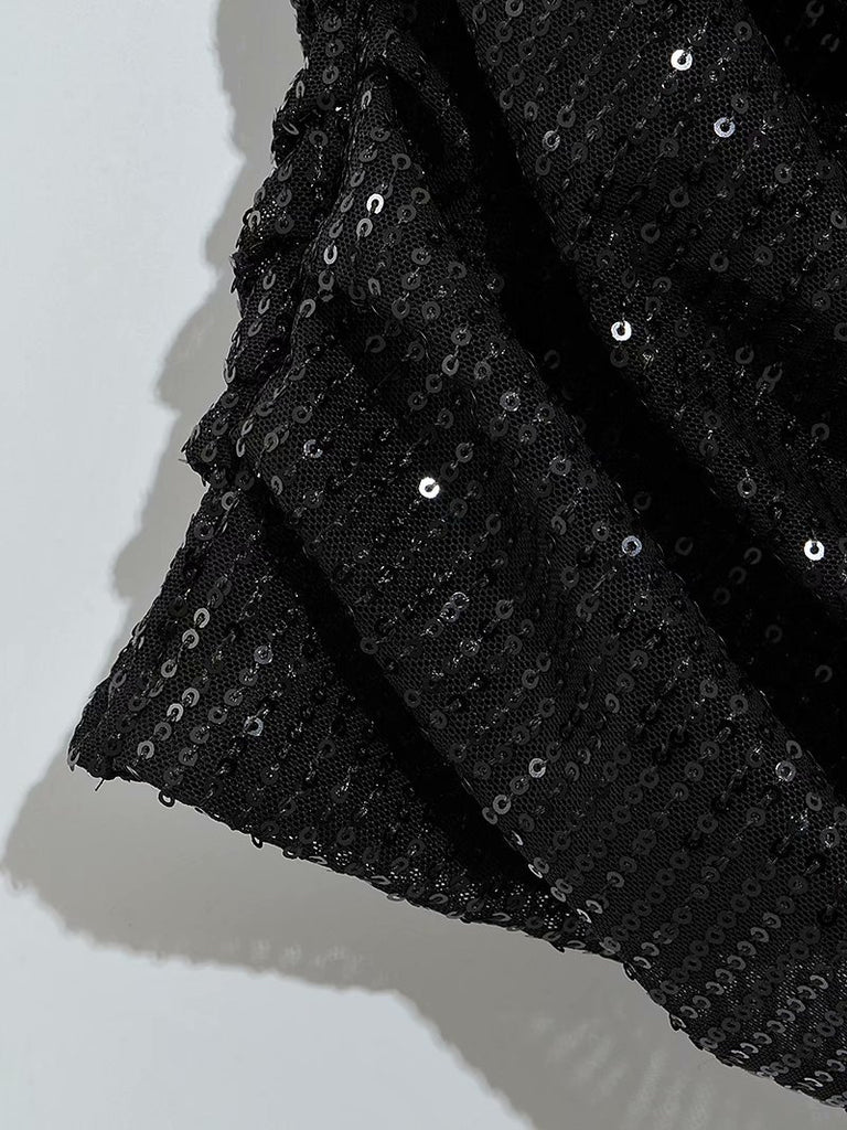 BLACK OFF SHOULDER SLIM SEQUIN RUCHED MINI DRESS-Dresses-Oh CICI SHOP