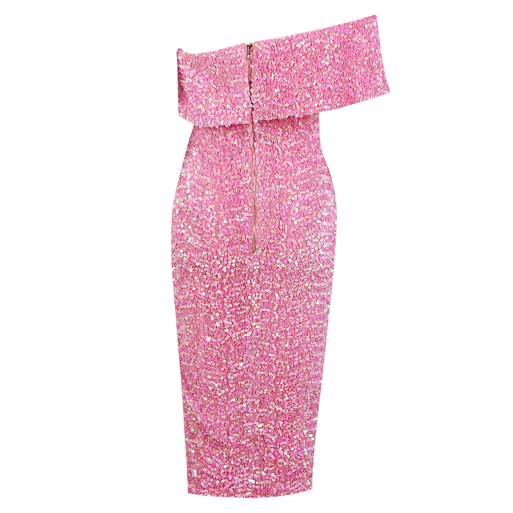 PINK ONE SHOULDER SEQUIN MIDI DRESS-Dresses-Oh CICI SHOP