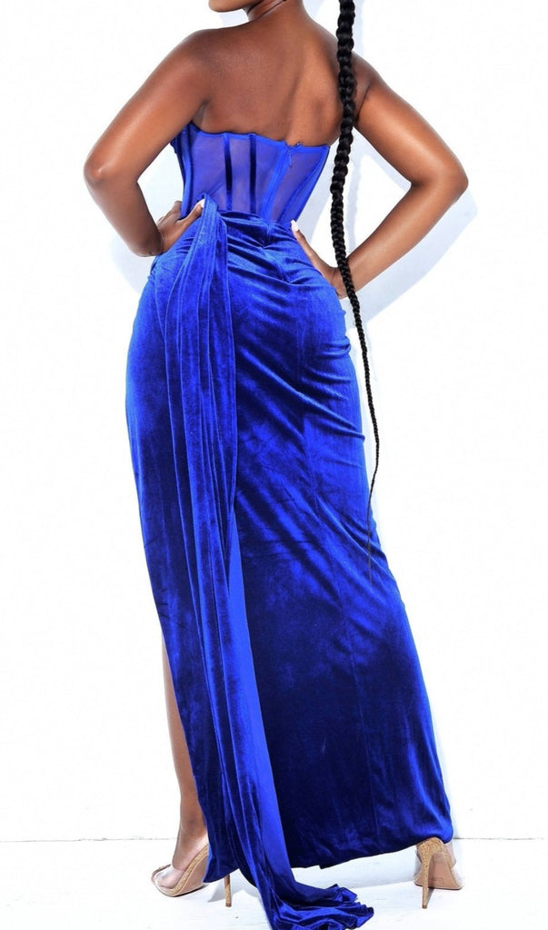 BLUE CORSET VELVET SLIT MAXI DRESS-Dresses-Oh CICI SHOP