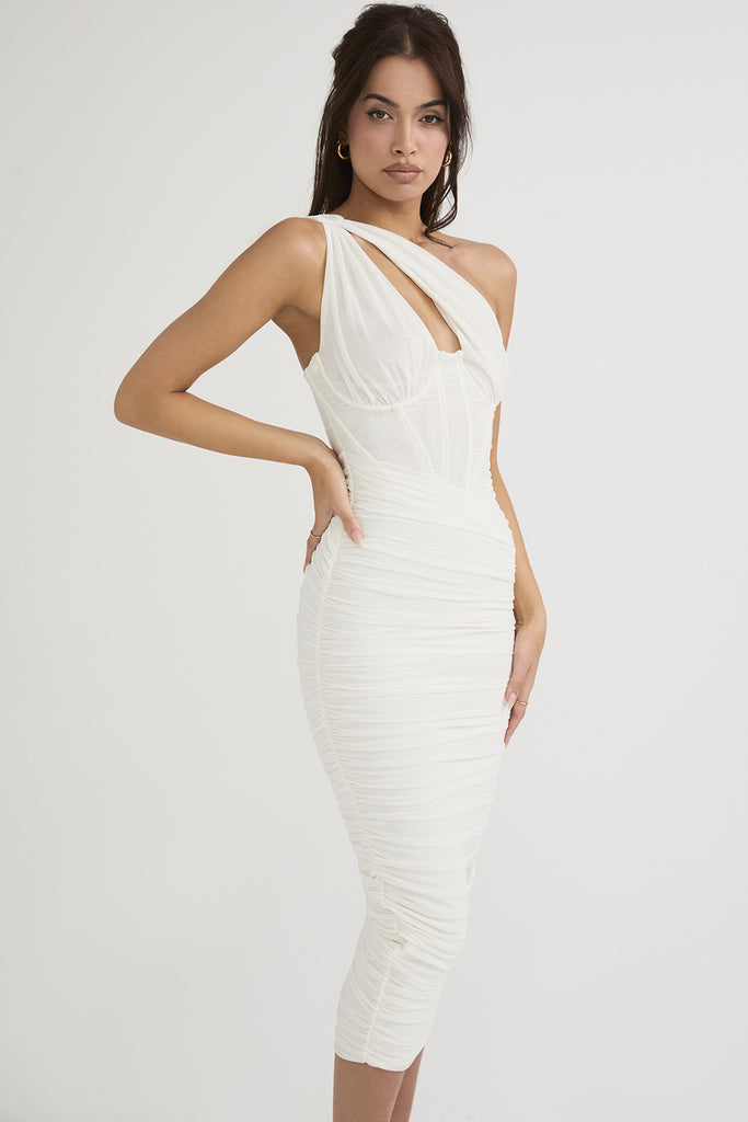 AGATHA MESH RUCHED MIDI BANDAGE DRESS-Dresses-Oh CICI SHOP