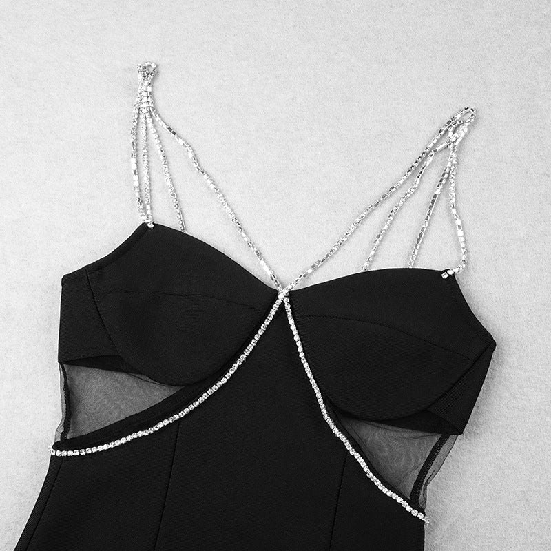 BLACK STRAPPY V NECK MESH MINI BANDAGE DRESS-Sequins Dress-Oh CICI SHOP
