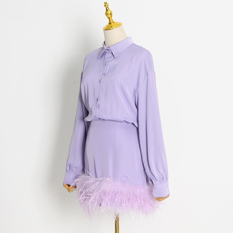 SATIN FEATHER SHIRT DRESS IN PURPLE-Dresses-Oh CICI SHOP