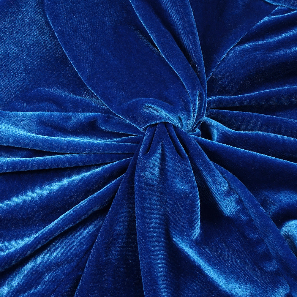 BLUE VELVET LONG SLEEVE CROSS KNOTTED MIDI DRESS-Dresses-Oh CICI SHOP