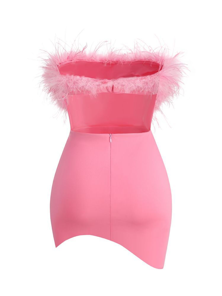 PINK STRAPLESS FEATHER BODYCON MINI DRESS-Dress-Oh CICI SHOP