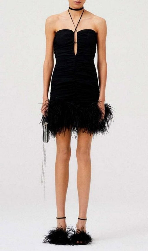 SEXY STRETCH OFF-SHOULDER FEATHER MINI DRESS IN BLACK-Oh CICI SHOP