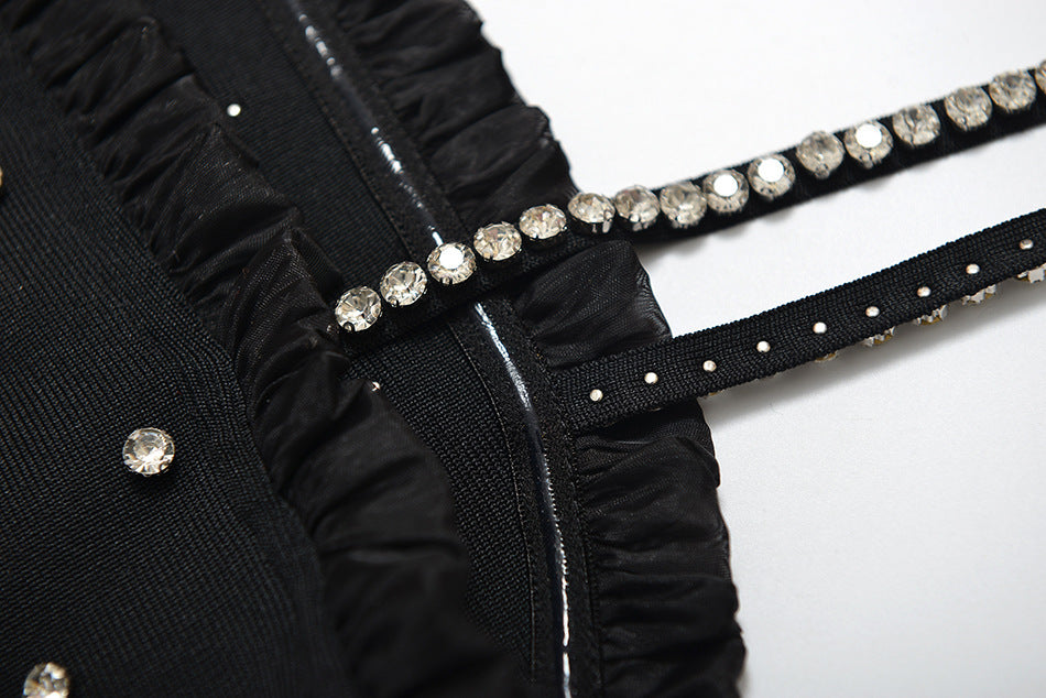 BLACK SPAGHETTI STRAP CRYSTAL MINI DRESS-Dresses-Oh CICI SHOP