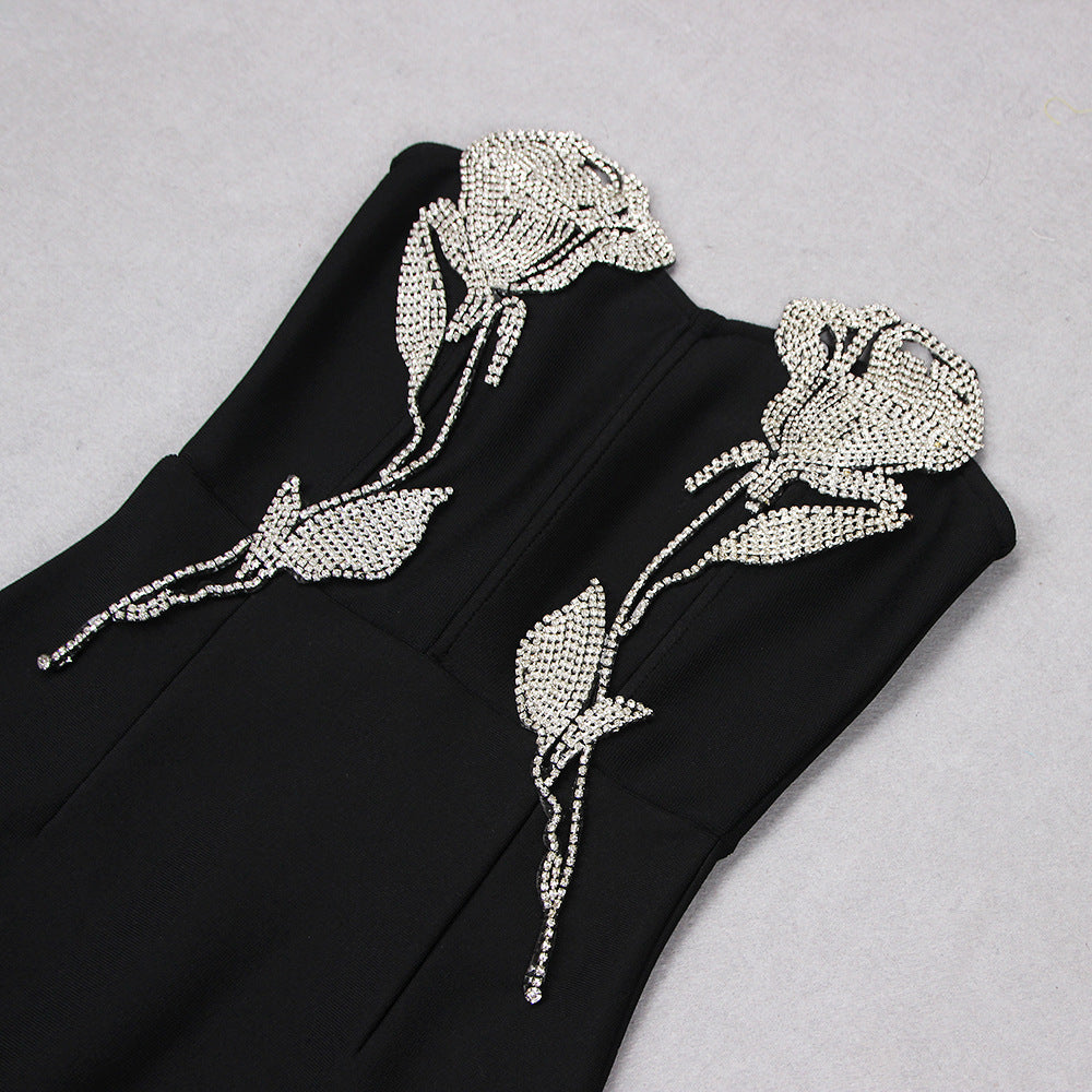 CRYSTAL FLOWER MAXI DRESS IN BLACK-Dresses-Oh CICI SHOP