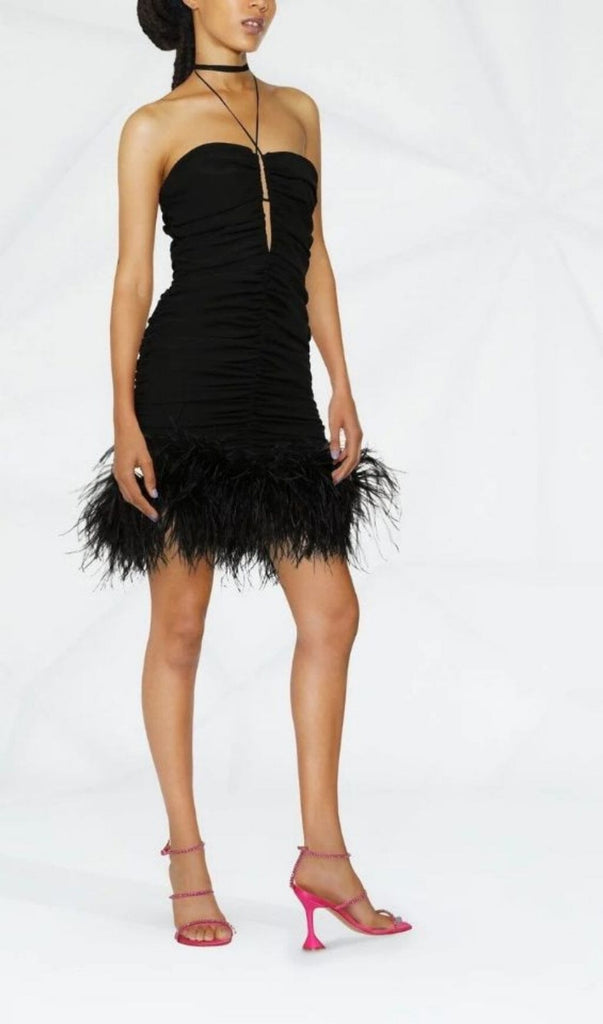 SEXY STRETCH OFF-SHOULDER FEATHER MINI DRESS IN BLACK-Oh CICI SHOP