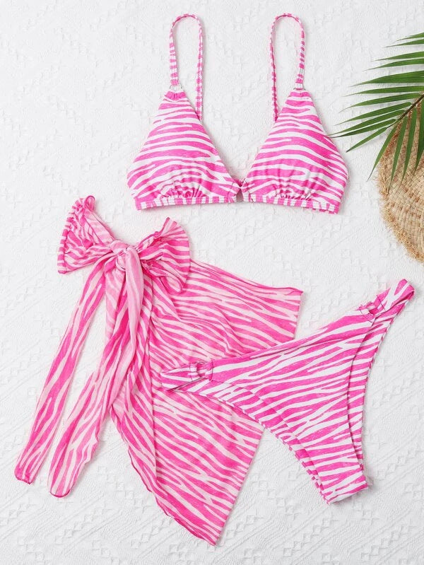 ARABELA PRINTED THREE PIECE SET BIKINI - PINK-Swimwear-Oh CICI SHOP