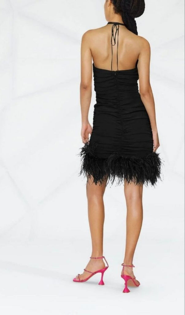 SEXY STRETCH OFF-SHOULDER FEATHER MINI DRESS IN BLACK-Oh CICI SHOP