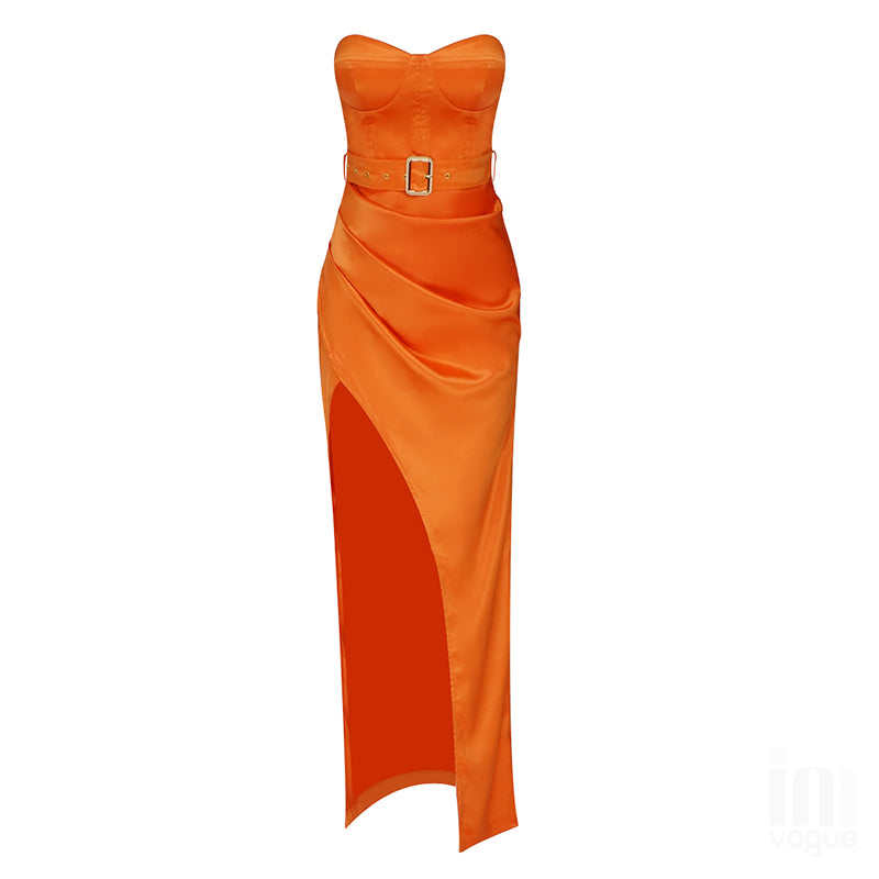 LAURA SATIN SLIT MAXI DRESS-Dresses-Oh CICI SHOP