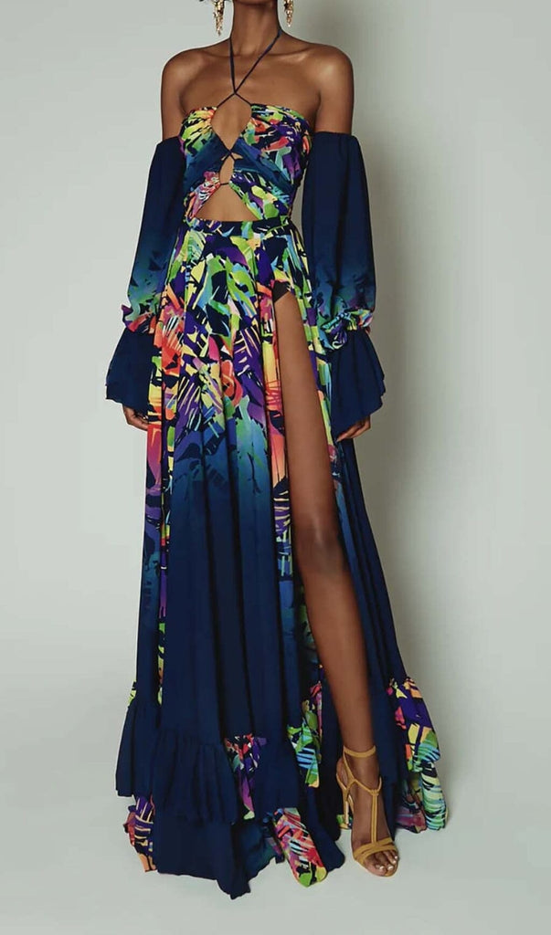 OFF SHOULDER FLOWY SLEEVES MAXI DRESS IN MULTI-COLOR DRESS OH CICI 