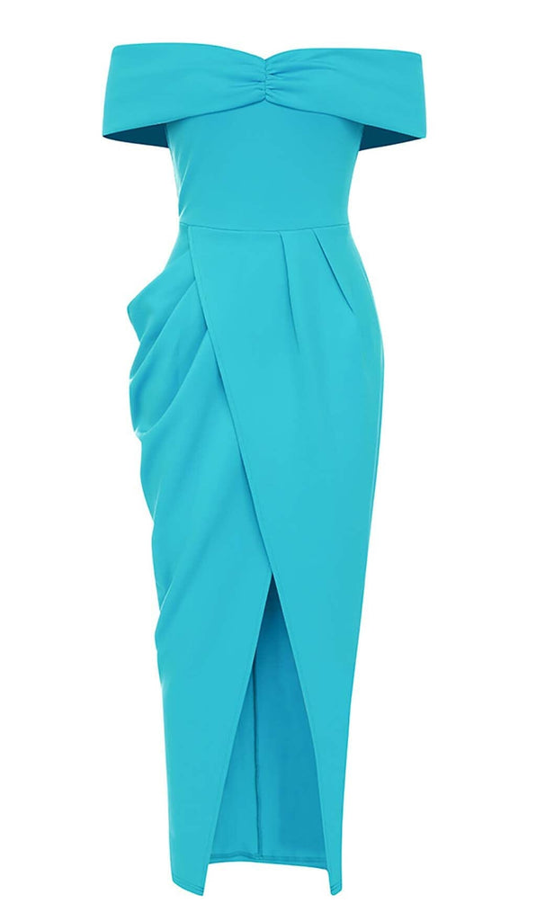 OFF SHOULDER HEM SLIT MIDI DRESS IN AZURE DRESS OH CICI