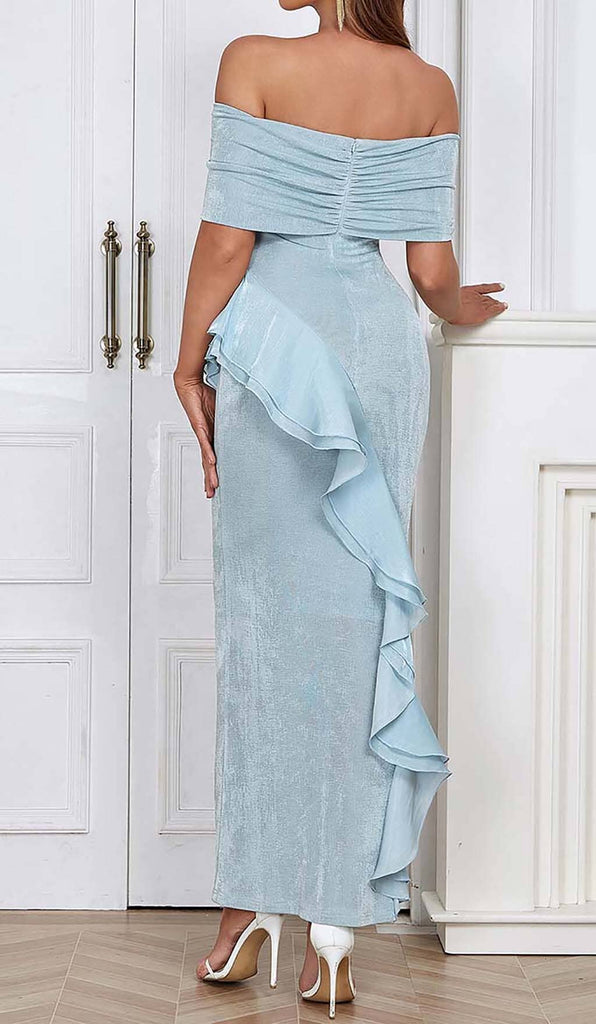 OFF SHOULDER RUFFLED MAXI DRESS IN TINGED BLUE DRESS ohcici 
