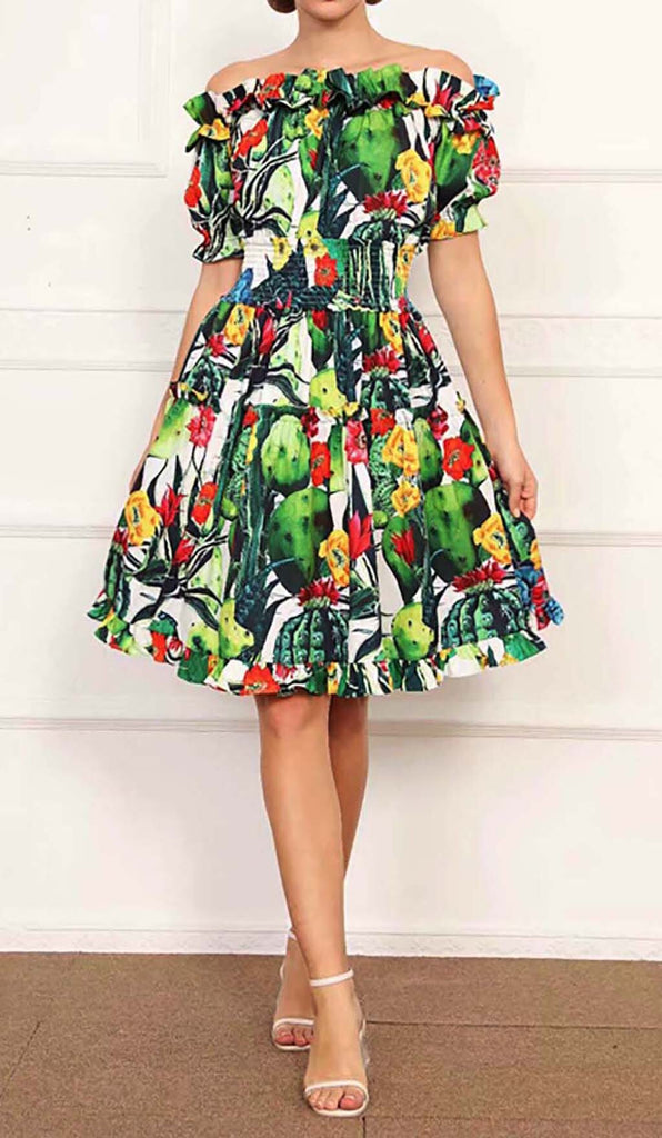 ONE SHOULDER CACTUS MINI DRESS IN GREEN DRESS OH CICI 