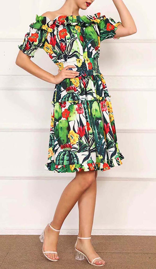 ONE SHOULDER CACTUS MINI DRESS IN GREEN DRESS OH CICI 