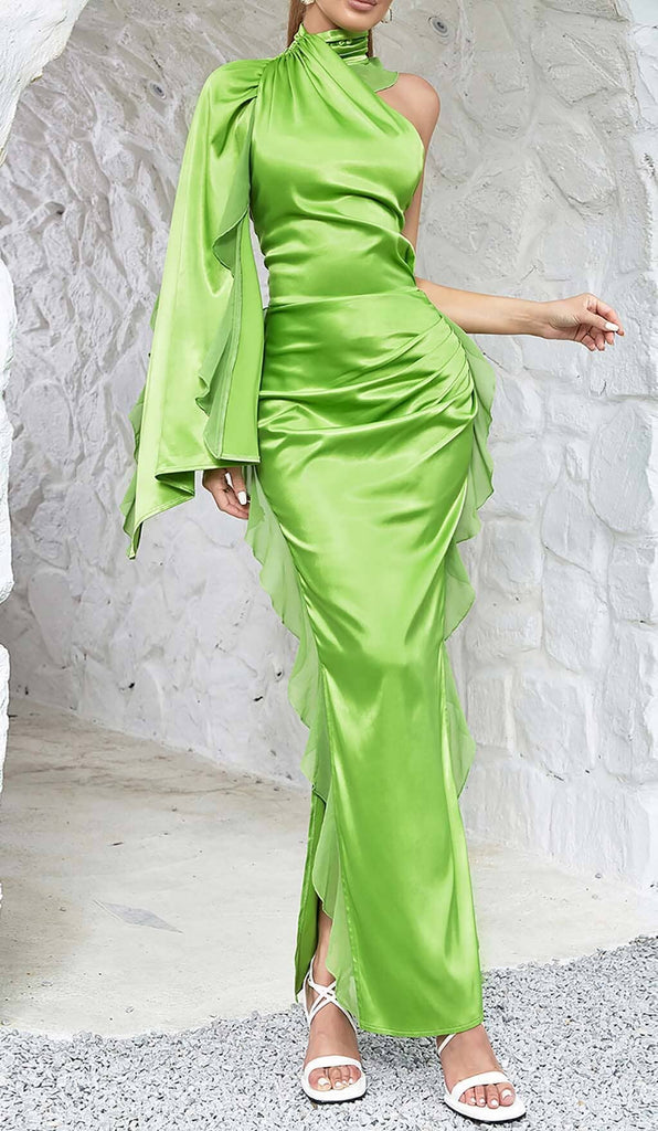 ONE-SHOULDER SATIN RUFFLE MAXI DRESS IN NEON GREEN DRESS ohcici 