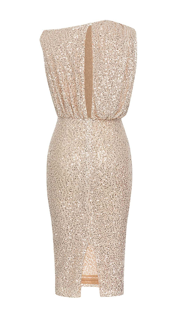 ONE SHOULDER SEQUIN MIDI DRESS IN ROSE GOLD DRESS OH CICI 