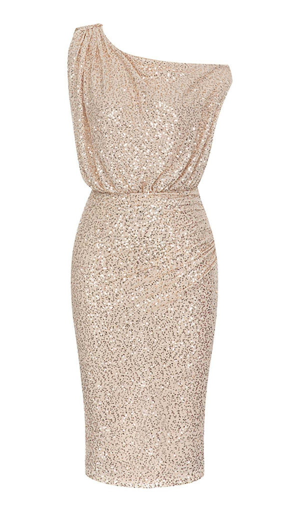 ONE SHOULDER SEQUIN MIDI DRESS IN ROSE GOLD DRESS OH CICI 