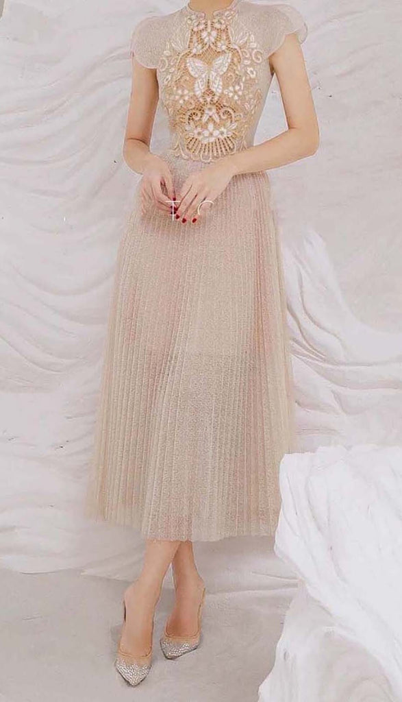 PLEATED EMBROIDERY MIDI DRESS IN BEIGE DRESS OH CICI 