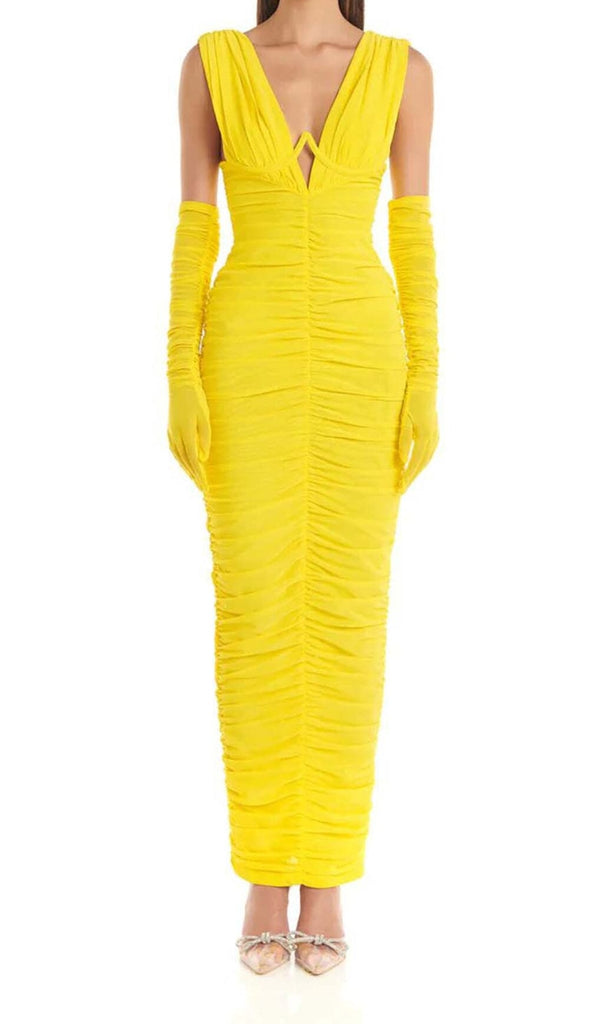 PLUNGE V NECKLINE WITH GLOVE MAXI DRESS IN YELLOW DRESS OH CICI 