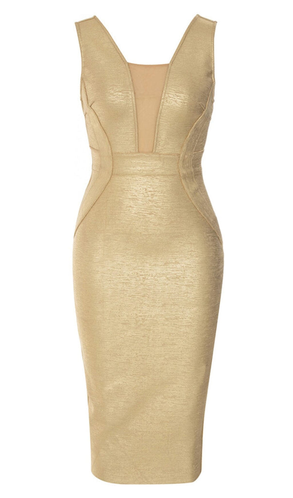 PLUNGE MESH BANDAGE MIDI DRESS IN GOLD DRESS oh cici 