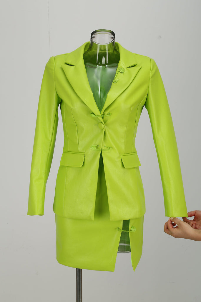 PU Jacket Blazer And Skirt Set Two Piece Set In Fluorescent Green-TOPS & SKIRTS-Oh CICI SHOP