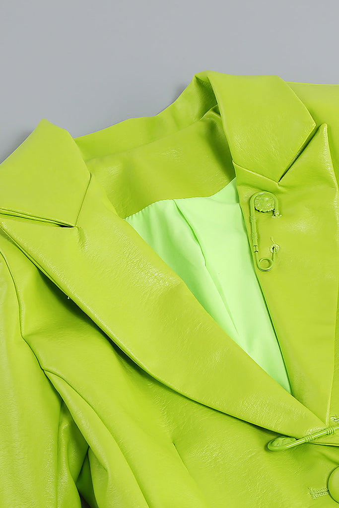 PU Jacket Blazer And Skirt Set Two Piece Set In Fluorescent Green-TOPS & SKIRTS-Oh CICI SHOP