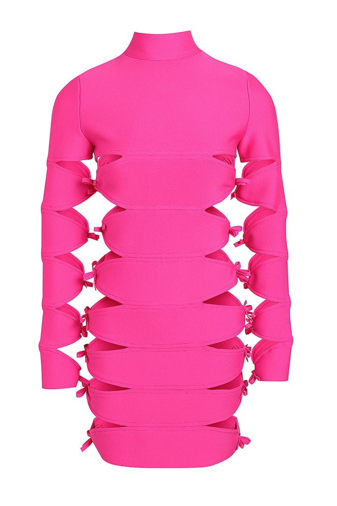 LONG SLEEVE HOLLOW OUT MINI BANDAGE DRESS IN PINK-Bandage Dresses-Oh CICI SHOP